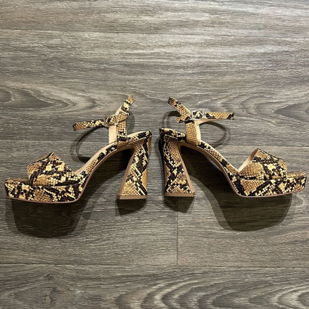 Katy Perry Size 7 37 Square Platform Sandals Snake Print Brown Tan Chunky Heels - Picture 14 of 16